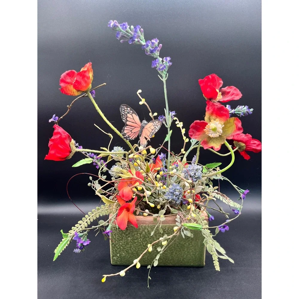 Flower Arrangement Greenery Poppies Lavender Butterfly Rustic Green‎ Ceramic Pot
